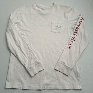 Vineyard Vines white with red lettering green whale long sleeve pocket t-shirt
